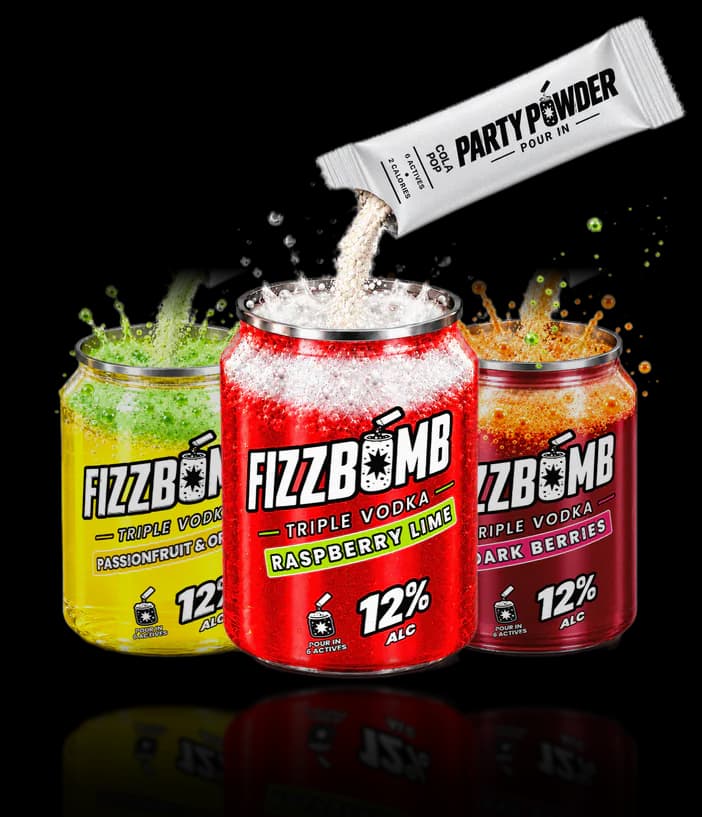 FizzBomb cans in Passion Fruit & Orange, Raspberry Lime and Dark Berries, with Party Powder pouring into the Raspberry Lime