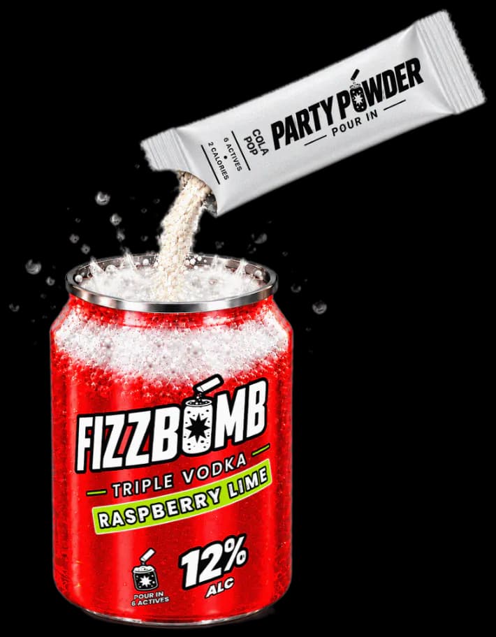 FizzBomb Raspberry Lime can with Party Powder pouring in