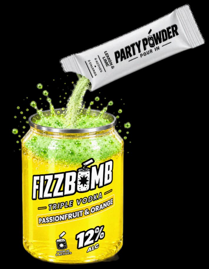 FizzBomb Passion Fruit & Orange can with Party Powder pouring in