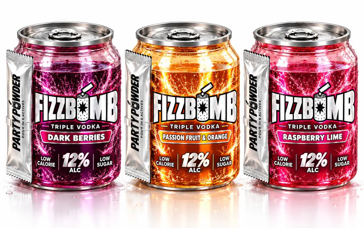 FizzBomb Dark Berries, Passion Fruit & Orange and Raspberry Lime cans, each with a Party Powder sachet strapped to its side